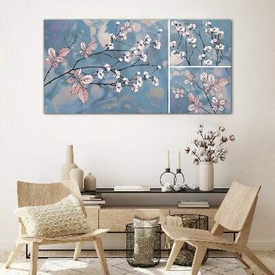 Tableau sur verre Branches florales sur fond bleu