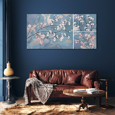 Tableau sur verre Branches florales sur fond bleu
