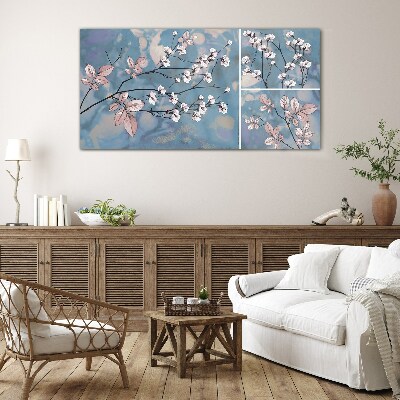 Tableau sur verre Branches florales sur fond bleu