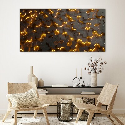 Tableau en verre Hexagones dorés en mouvement