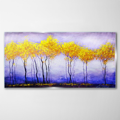 Tableau photo sur verre Des arbres dorés dans un paysage violet