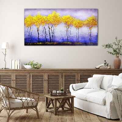 Tableau photo sur verre Des arbres dorés dans un paysage violet