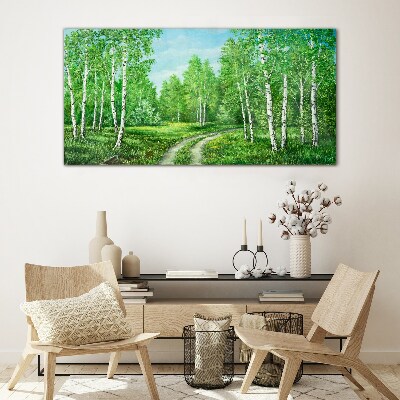 Tableau imprimé sur verre Forêt verte avec des bouleaux blancs