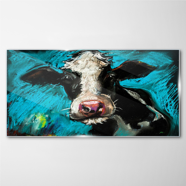 Tableau imprimé sur verre Portrait d'une vache sur fond bleu