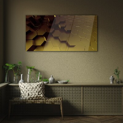 Tableau photo sur verre hexagones dorés