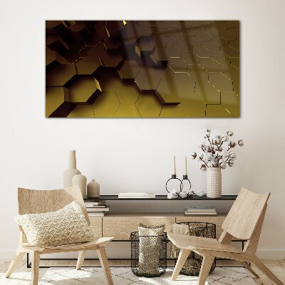 Tableau photo sur verre hexagones dorés
