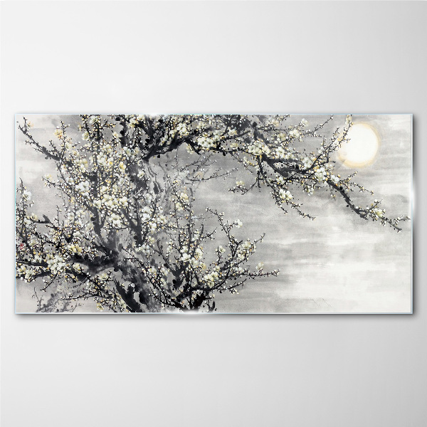 Tableau en verre Une branche fleurie aux tons monochromes