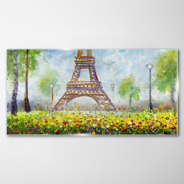 Tableau verre imprimé La Tour Eiffel dans un décor fleuri