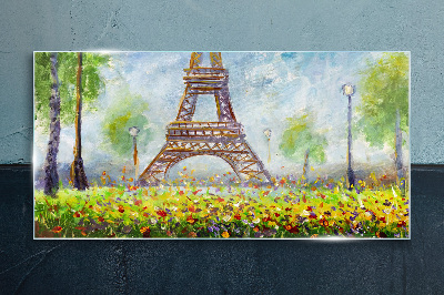 Tableau verre imprimé La Tour Eiffel dans un décor fleuri