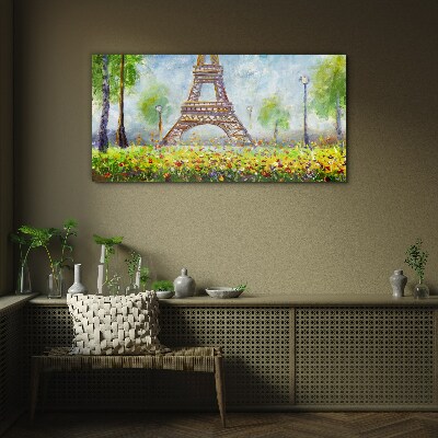 Tableau verre imprimé La Tour Eiffel dans un décor fleuri