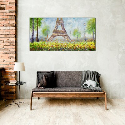 Tableau verre imprimé La Tour Eiffel dans un décor fleuri