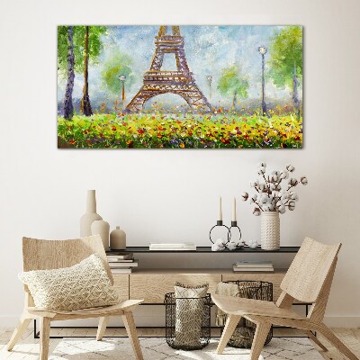 Tableau verre imprimé La Tour Eiffel dans un décor fleuri