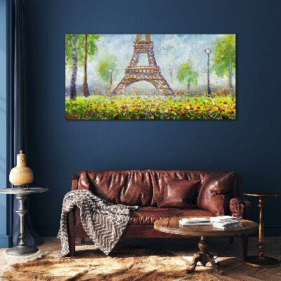 Tableau verre imprimé La Tour Eiffel dans un décor fleuri