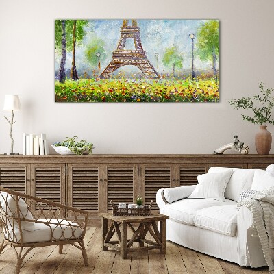 Tableau verre imprimé La Tour Eiffel dans un décor fleuri