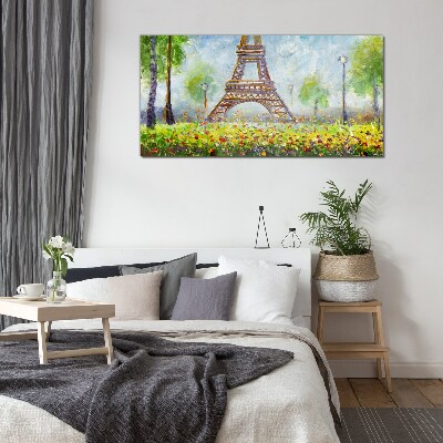 Tableau verre imprimé La Tour Eiffel dans un décor fleuri