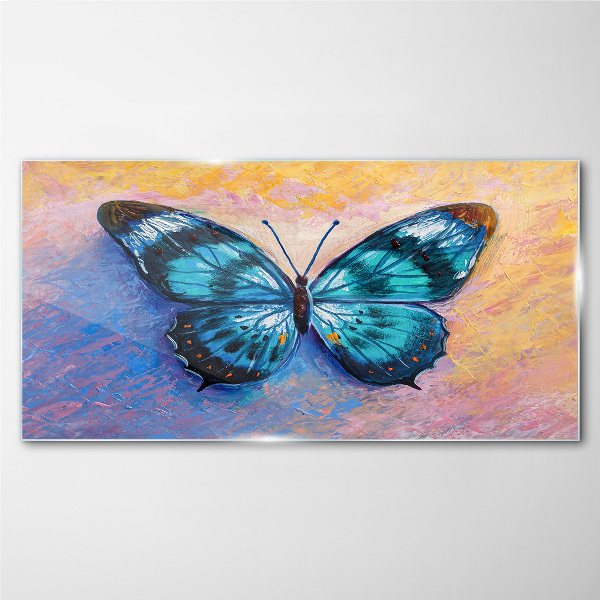 Tableau sur verre Papillon bleu sur fond pastel