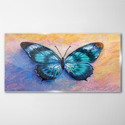 Tableau sur verre Papillon bleu sur fond pastel