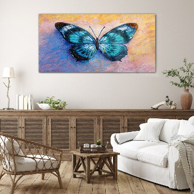 Tableau sur verre Papillon bleu sur fond pastel