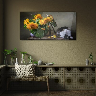 Tableau en verre Chats et tournesols