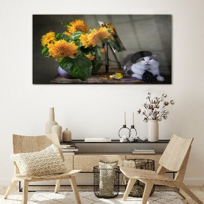 Tableau en verre Chats et tournesols