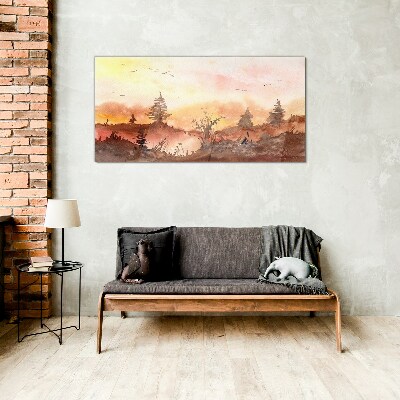 Tableau verre imprimé Coucher de soleil sur un paysage forestier