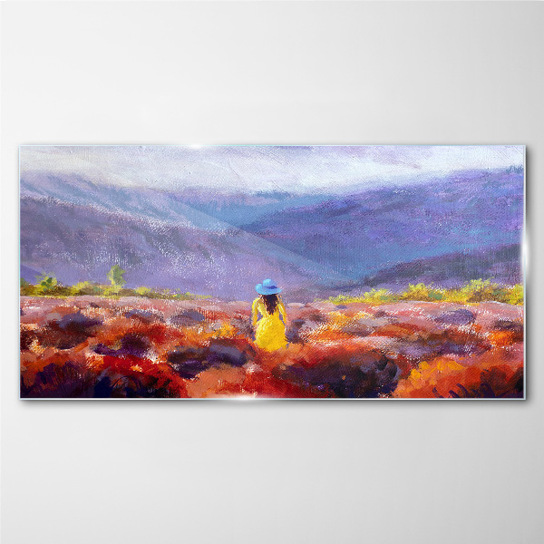 Tableau imprimé sur verre Femme dans un paysage violet