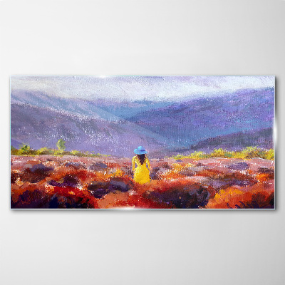 Tableau imprimé sur verre Femme dans un paysage violet