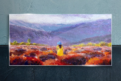 Tableau imprimé sur verre Femme dans un paysage violet