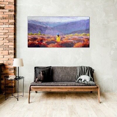 Tableau imprimé sur verre Femme dans un paysage violet