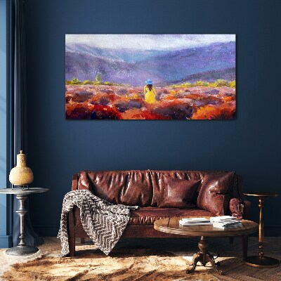 Tableau imprimé sur verre Femme dans un paysage violet