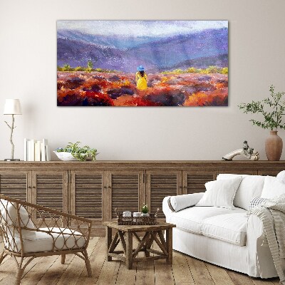 Tableau imprimé sur verre Femme dans un paysage violet