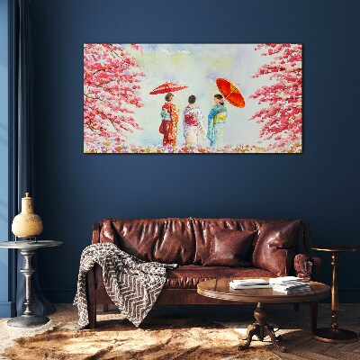 Tableau en verre Une promenade printanière sous les arbres en fleurs