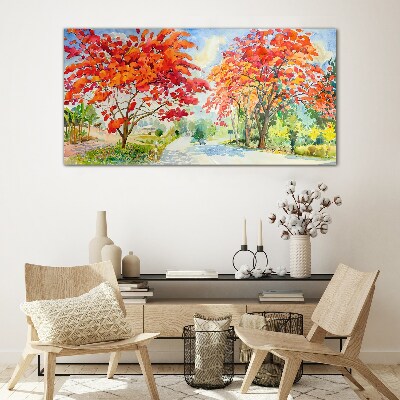 Tableau sur verre Arbres d'automne aux couleurs de feu