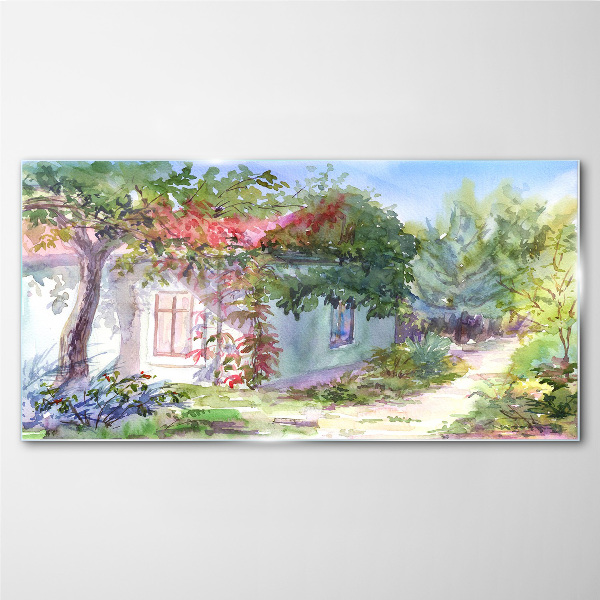 Tableau imprimé sur verre Paysage d'été avec une maison et des arbres