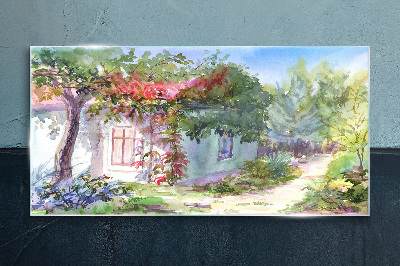 Tableau imprimé sur verre Paysage d'été avec une maison et des arbres