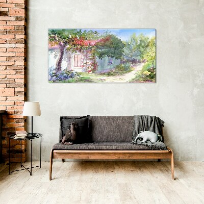 Tableau imprimé sur verre Paysage d'été avec une maison et des arbres