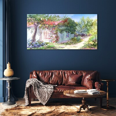 Tableau imprimé sur verre Paysage d'été avec une maison et des arbres