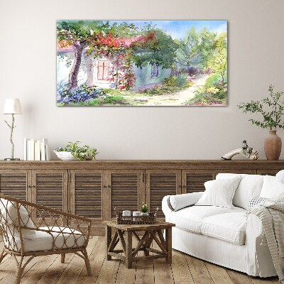 Tableau imprimé sur verre Paysage d'été avec une maison et des arbres