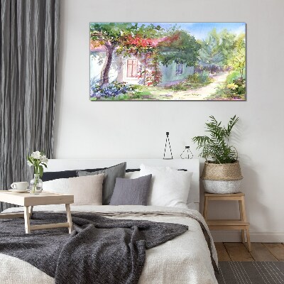 Tableau imprimé sur verre Paysage d'été avec une maison et des arbres