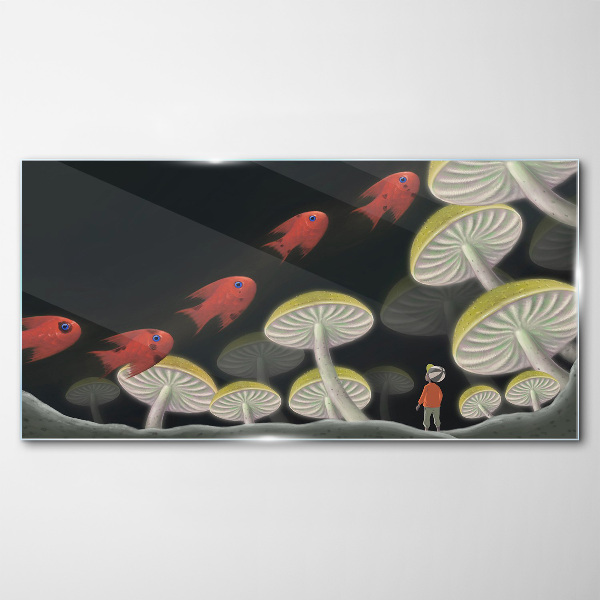 Tableau en verre Le monde fantastique des poissons et des champignons