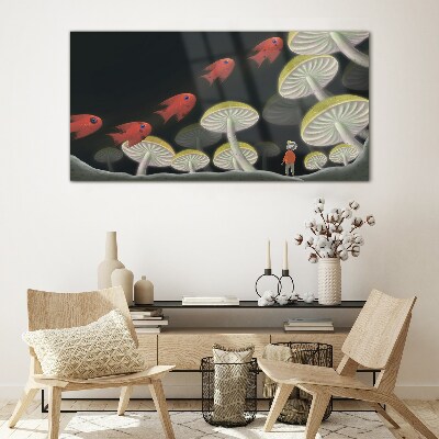 Tableau en verre Le monde fantastique des poissons et des champignons