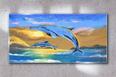 Tableau en verre Dauphins au coucher du soleil