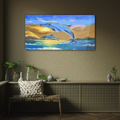 Tableau en verre Dauphins au coucher du soleil