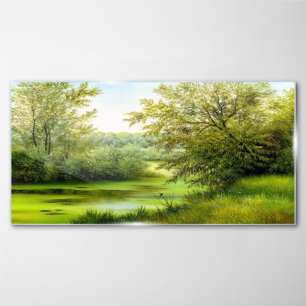 Tableau imprimé sur verre Paysage verdoyant au bord de l'eau