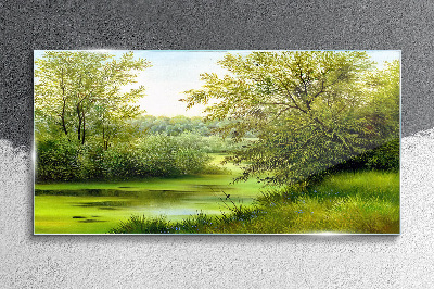 Tableau imprimé sur verre Paysage verdoyant au bord de l'eau