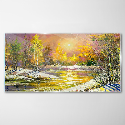 Tableau imprimé sur verre Rivière dorée dans la forêt d'automne