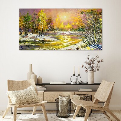 Tableau imprimé sur verre Rivière dorée dans la forêt d'automne