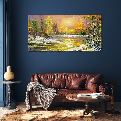 Tableau imprimé sur verre Rivière dorée dans la forêt d'automne