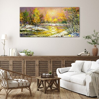 Tableau imprimé sur verre Rivière dorée dans la forêt d'automne