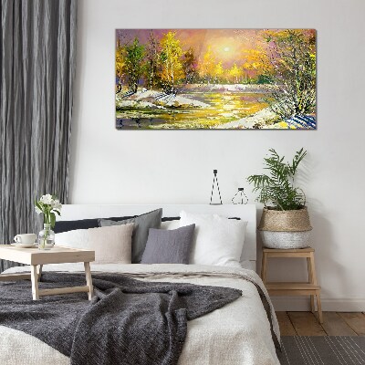 Tableau imprimé sur verre Rivière dorée dans la forêt d'automne
